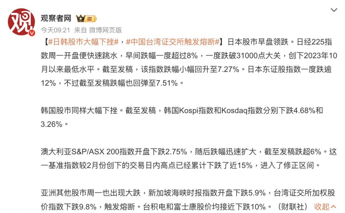 “熔断”登微博热搜关键字 中国网传“中国台湾证交所”触发熔断
