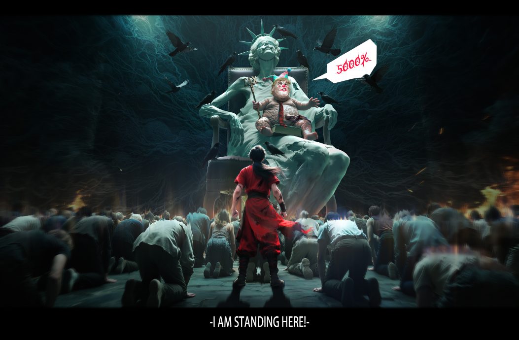 中国“战狼画家”公布新作《就不跪》 疑讽特朗普是小丑