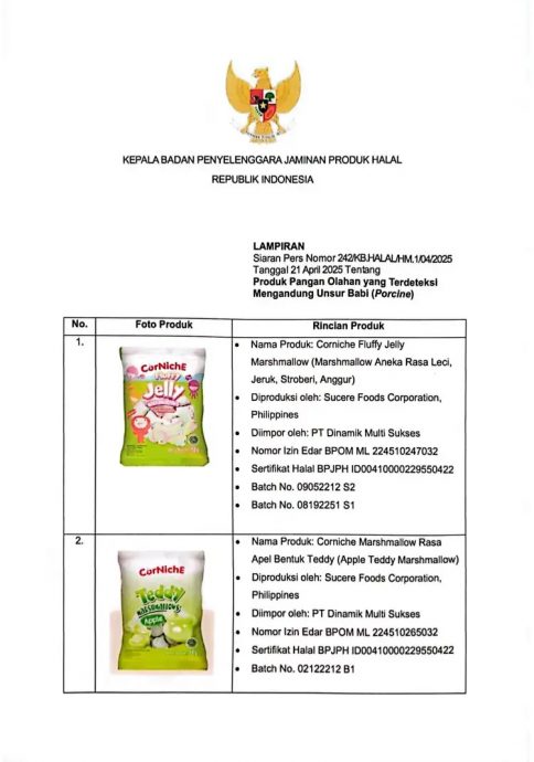 印尼清真食品涉含猪肉成分 JAKIM下令下架涉事产品