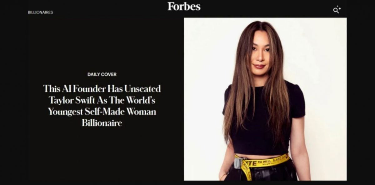 将超越泰莱史薇芙 30岁华裔女料成最年轻白手起家女亿万富豪　