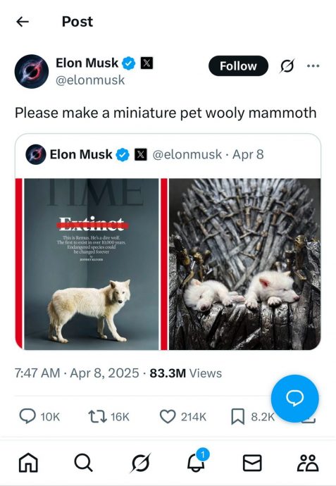 带你看世界／Colossal科学家“复活”恐狼 首富马斯克：请制造迷你长毛象