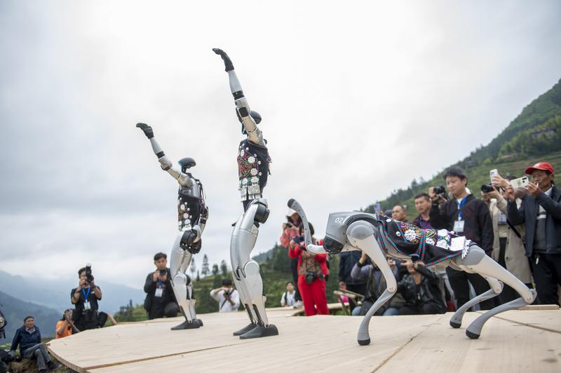 拚图三图)中国最美梯田设T台  模特农民与机械人同场