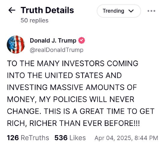 特朗普喊话投资者:我的政策永不改变