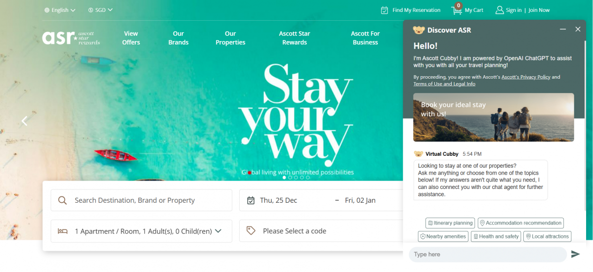 Ascott is enhancing its mobile app and website to reach 15 million Ascott Star Rewards members by 2028. Cubby, the GenAI-powered web chatbot on Ascott’s booking website discoverasr.com, now offers direct bookings with personalised property recommendations and the best rates.