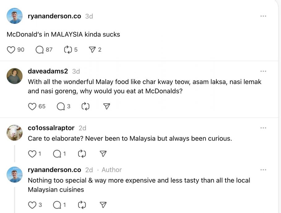 “来大马却吃快餐店?” 网民调侃背包客:白来一趟