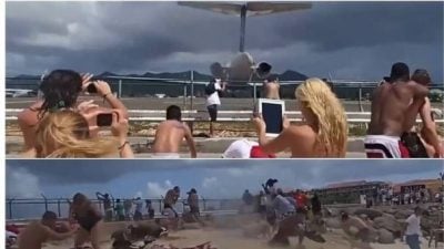 视频 | 为看飞机起飞 不要命了! 玛侯海滩游客遭强风吹倒