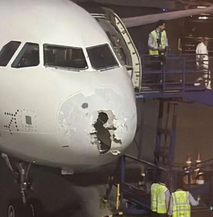 视频|飞行途中突遇暴风冰雹 印度廉航机头严重受损