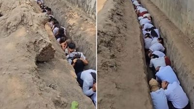 视频 | 缅甸小学战争演习 师生躲沟内避炮火