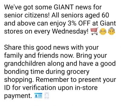 （求真）乐龄人士Giant购物有3%折扣？ 实为2022年优惠活动已完结