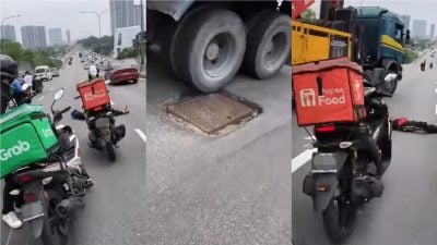 视频|撞凹陷窨井盖摔飞 骑士险遭罗里碾过
