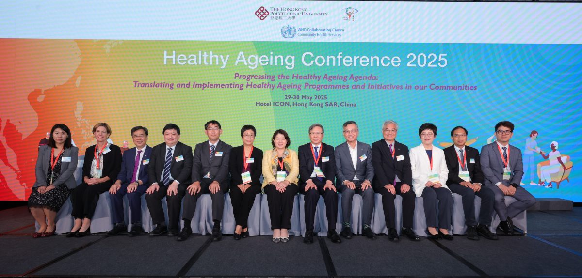 As a WHO Collaborating Centre for Community Health Service, the School of Nursing at PolyU, in collaboration with the PolyU RISA, is hosting the Healthy Ageing Conference 2025. Distinguished guests presided over the inaugural ceremony, including Dr Libby LEE, the Acting Secretary for Health of the Government of HKSAR (centre); Prof. Jin-Guang TENG, President of PolyU (6th from the right); Ms Xinjie QI, Second Class Counsel (Deputy Director-General Level) of the Department of Ageing and Health, National Health Commission of the People’s Republic of China (6th from the left); Dr Ching-choi LAM, Member of Executive Council of HKSAR Government and Chief Executive Officer of Haven of Hope Christian Service (5th from the right); Dr Hiromasa OKAYASU, Director of the Division of Healthy Environments and Populations at the WHO WPRO (5th from the left); Prof. Kar-kan LING, Interim Vice President (Campus Development and Facilities) of PolyU (4th from the right); Dr Raymond HO, Assistant Director (Elderly Health) of the Department of Health of HKSAR (4th from the left); Prof. Angela LEUNG, Director of the WHO Collaborating Centre for Community Health Services HKSAR (3rd from the right); Prof. David SHUM, Dean of Faculty of Health and Social Sciences of PolyU (3rd from the left); Prof. ZHENG Yongping, Henry G. Leong Professor in Biomedical Engineering, Chair Professor of Biomedical Engineering of the Department of Biomedical Engineering, and Director of RISA of PolyU (2nd from the right); Prof. Janelle YORKE, Chair Professor of Nursing and Head of School, School of Nursing of PolyU (2nd from the left); Prof. Jed MONTAYRE, Associate Head (Strategy) and Associate Professor, School of Nursing of PolyU (1st from the right); and Prof. Ivy ZHAO, Assistant Professor of School of Nursing, and Deputy Director of WHO Collaborating Centre for Community Health Services of PolyU (1st from the left).