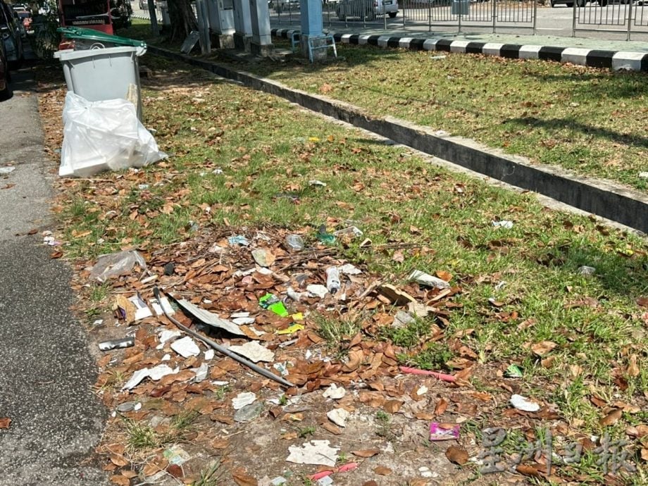 甲岭花园枯叶垃圾堆积 影响排水及市容