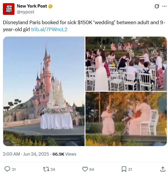 22岁男子砸13万欧元在迪士尼办婚礼 百名宾客吓倒:新娘才9岁