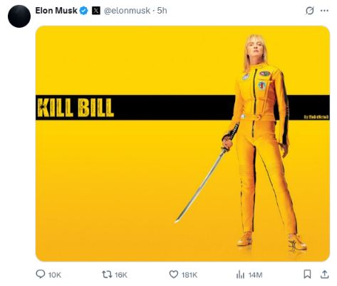 与特朗普公开决裂! 马斯克贴《Kill Bill》海报号召民众反减税法案