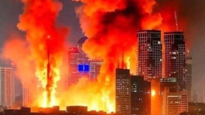 非以伊冲突真实画面  “尖塔燃烧图”AI生成