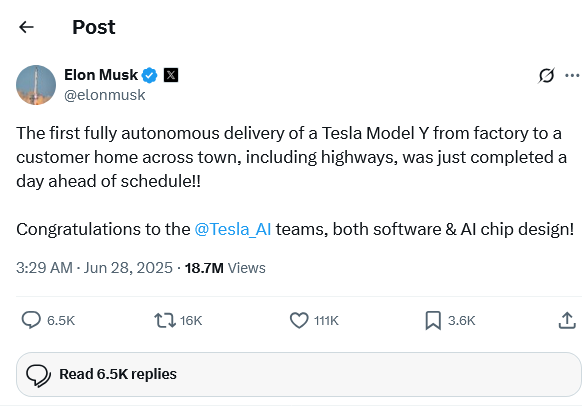 全球首例！特斯拉Model Y完成“跨州自驾交付”　车主家门前收新车