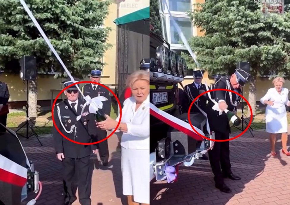 波兰新消防车启用典礼 香槟居然“敲不破”超尴尬