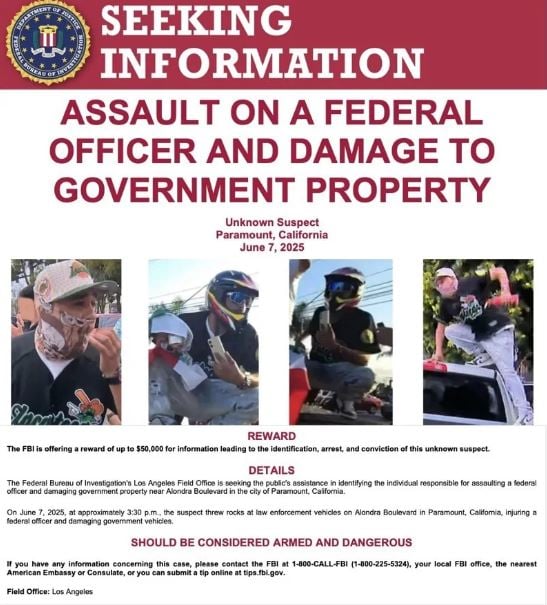 洛杉矶暴动男伤警被列“头号通缉犯” FBI悬赏21万 