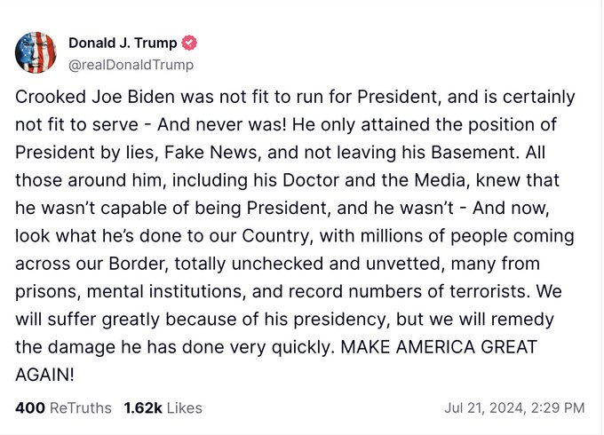 特朗普转发阴谋论 声称拜登2020年已遭处决被复制人取代