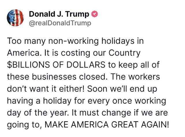 特朗普：美国假期众多或有碍企业生产　声称将举措改变