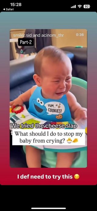 王君馨新手妈寻各种偏方 芝士放宝宝头上止哭