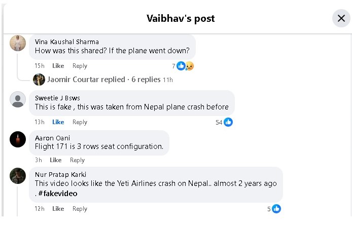 请签发（求真）脸书流传视频机舱突变火势滚滚人间炼狱，网民：“假的，非印度AI171航班！”