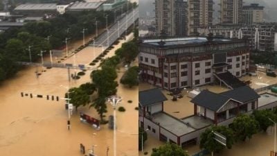 贵州“30年最大洪水”　足球场10分钟内被淹没  百货变瀑布
