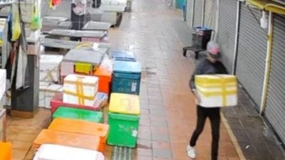 贼人偷鱼 整箱抱走  有电眼也不怕
