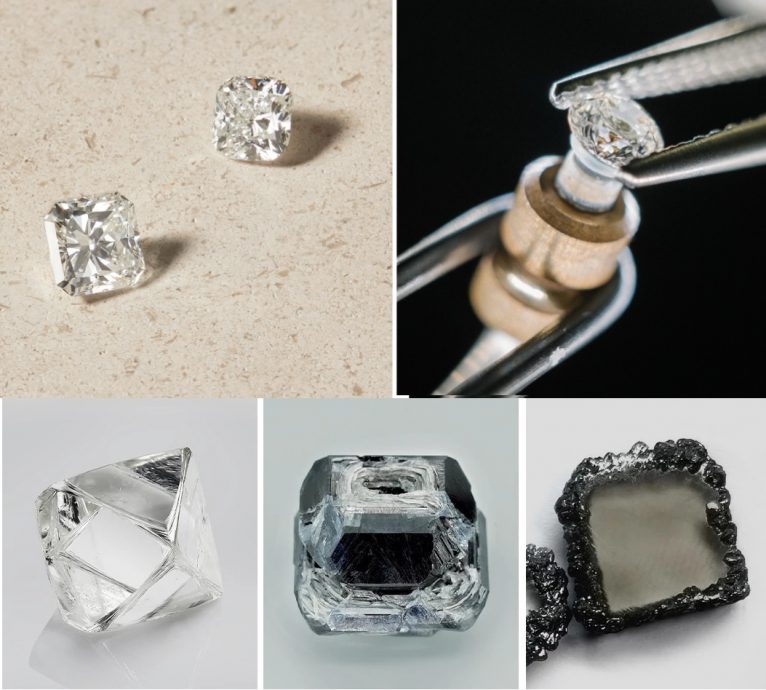 Upper left to right: Asscher-cut and cushion-cut natural diamonds; clarity grading for natural diamonds/ Lower left to right : natural diamond rough, HPHT diamond (LGD) rough, CVD diamond (LGD) rough