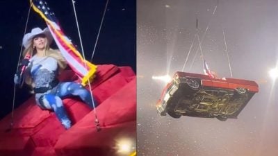 视频 | 贝文丝家乡开唱爆意外 悬空道具突倾斜险坠地