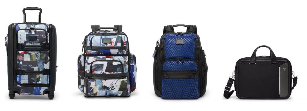 (L to R): Alpha International Expandable Front Lid 4-Wheeled Carry-On, Brief Pack in Poster Print, Alpha Bravo Search Backpack in Electric Blue, Arrivé Hannover Slim Brief in Black