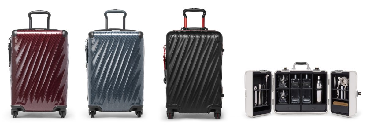 (L to R): 19 Degree Lite International 4-Wheeled Carry-On in Wine and Pavement, 19 Degree Aluminum International Carry-On in Black/Red and 19 Degree Aluminum Bar Set