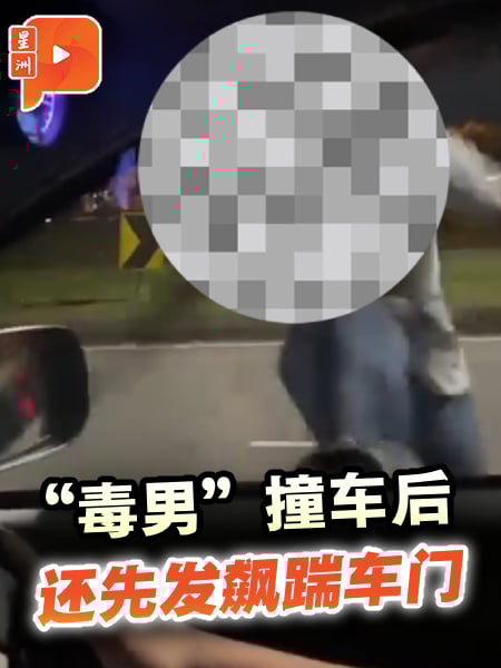 “撞车毒男”失控发飙 踹车门+比中指被捕