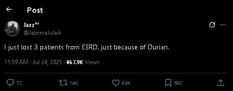 吃榴梿过量 3肾病末期患者并发症离世