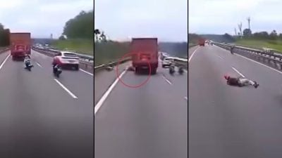 视频 | 大道飙车摩托失控摔路中央 骑士险遭罗里辗过！