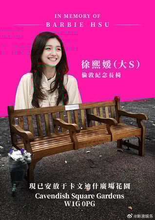 大S伦敦纪念长椅落成 刻字“一颗划过天际的流星”