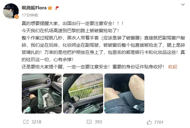 戴燕妮在巴黎被破窗抢劫 歹徒秒砸车窗夺包