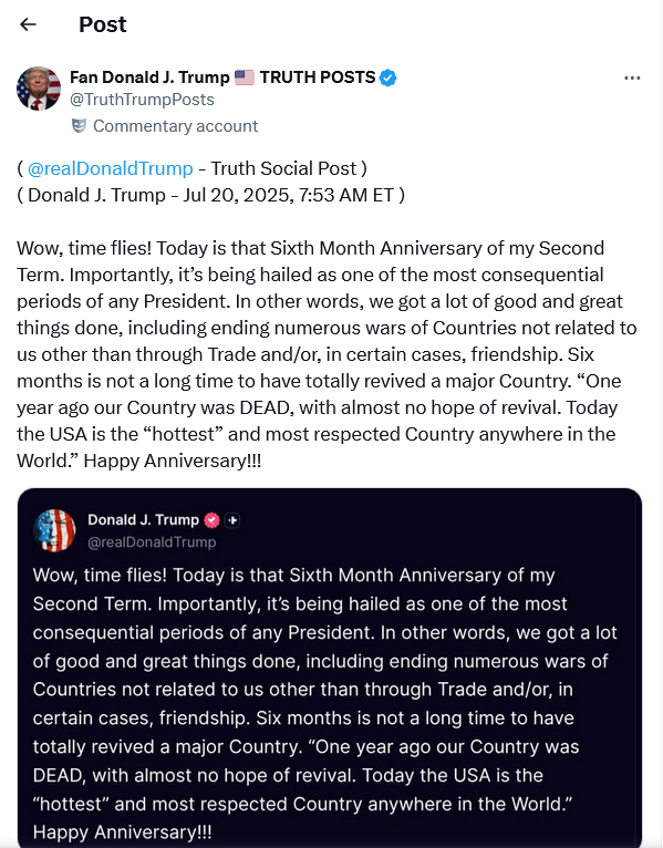 特朗普上台已半年　形容自己执政为美国“咸鱼翻生”