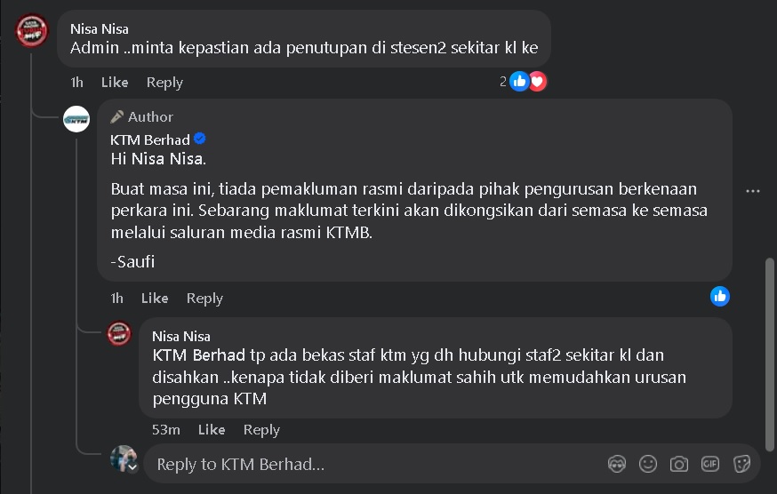 网传KTM明关闭隆2车站？KTMB脸书小编回应：无正式通知