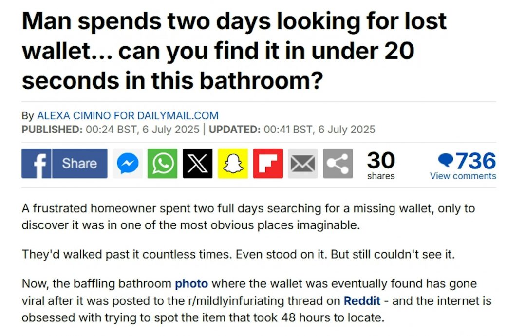 考眼力！“你能在20秒内找到银包吗”照片疯传　事主两天才找到