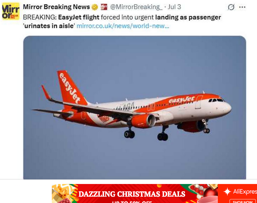 英国乘客竟在走道小便 客机紧急迫降西班牙