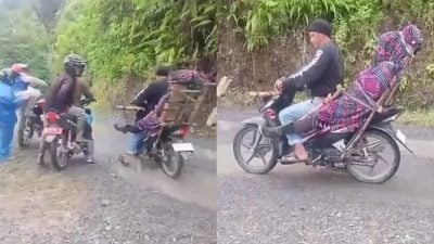 视频 | 路又烂又窄汽车无法通行  村民骑摩托载遗体去墓地