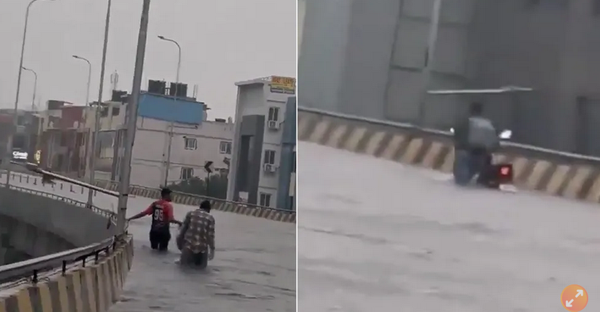 高架桥变游泳池“淹水到大腿”　印度暴雨创造奇景