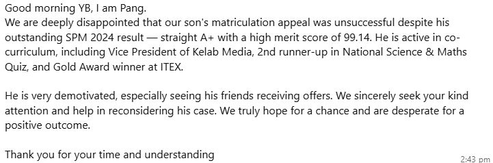 SPM考获9科全A+却遭预科班拒录　魏家祥促政府检讨10A特优生政策不公