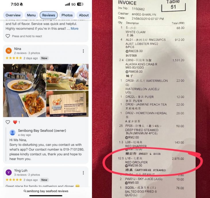 1.25公斤鱼误算成12.5公斤！ 一条鱼RM3000顾客照付还留5星好评