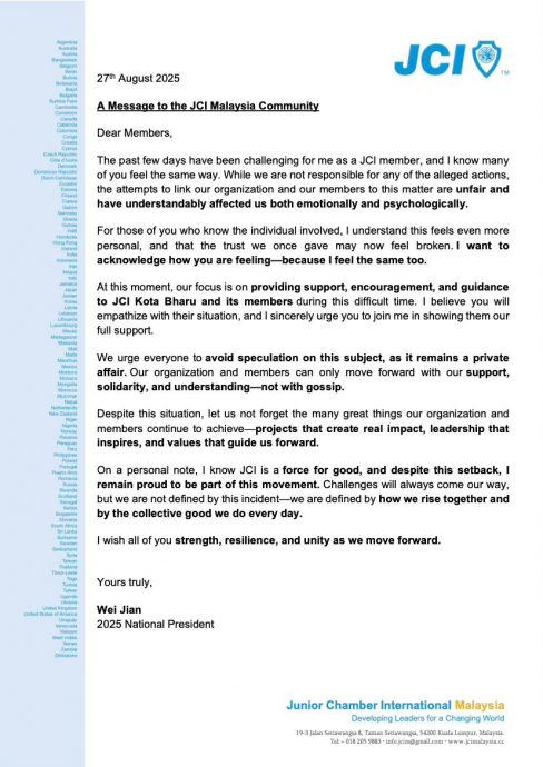 全:已签发(医生情感丑闻)JCI总会长陈炜坚表示,前任哥打峇鲁国际青年商会会长王禄阳医生的情感丑闻属于私事,任何将该组织及成员与此事联系起来的企图是不公平的。