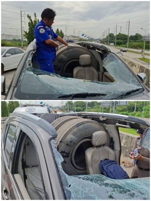 卡车轮胎飞砸车顶 泰国男护士重伤