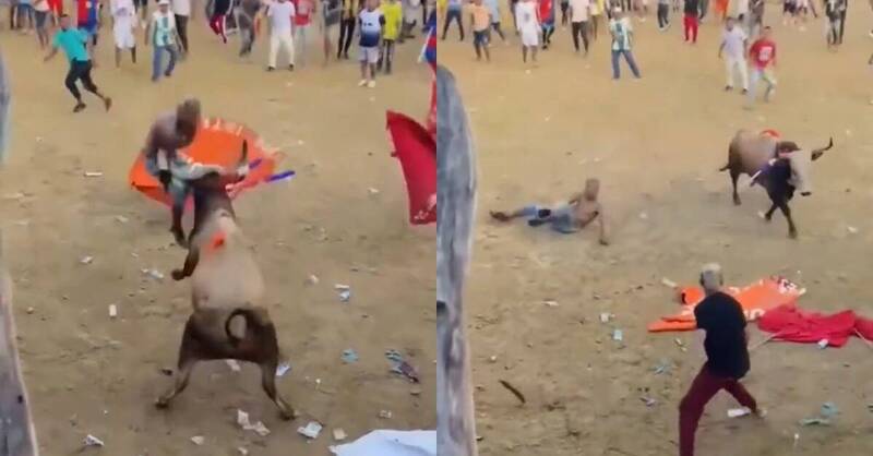 哥伦比亚斗牛节惊悚意外 斗牛士被牛角顶飞惨死