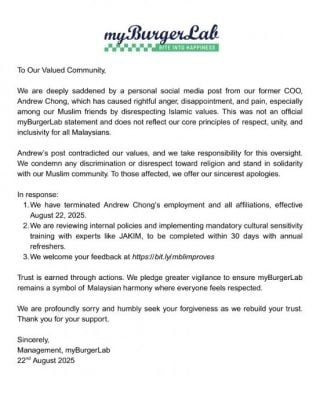 批登州政策“极端”遭抨击 myBurgerLab开除首席营运员