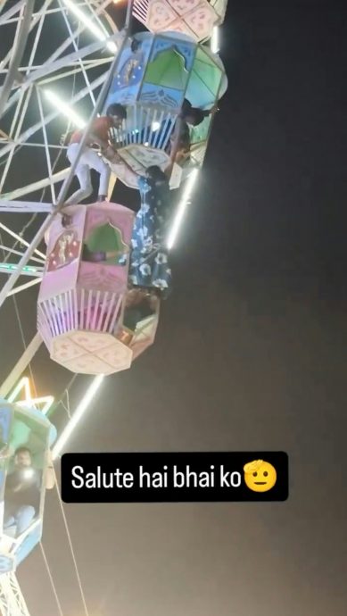 拚图三图)女游客“摔出摩天轮”男子9公尺高空救美